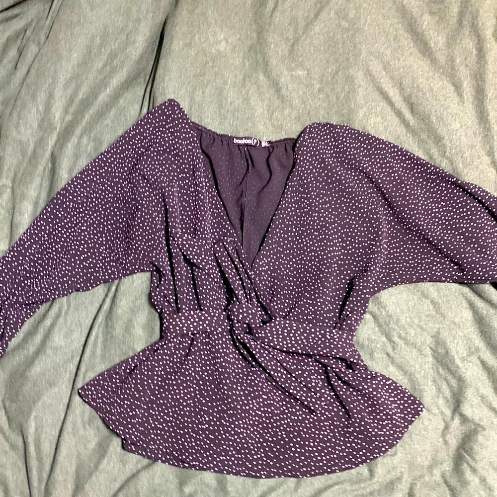 Black boohoo kimono wrap blouse, with polka dots